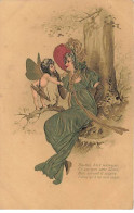 Carte Gaufrée - Ange - Jeune Femme Assise Près D'un Arbre Parlant Avec Cupidon - Angeles