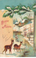 Carte Gaufrée - Bonne Année - Paysage Hivernal, Biche, Chevreuil - Año Nuevo