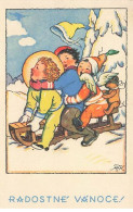 Illustrateur - M.F.K.  - Fischerová-Kv?chová - Radostne Vanoce - Anges Et Un Ours En Peluche Sur Une Luge - Teddy Bear - Sonstige & Ohne Zuordnung