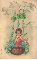 Carte Gaufrée - Ange - Souvenir D'Amitié - Cupidon Dans Un Panier Tiré Par Des Colombes - Angeles