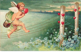 Carte Gaufrée - Clapsaddle - Meilleurs Voeux - Cupidon Tenant Un CÅur Marchant Sur Des Fils électrique - Angels