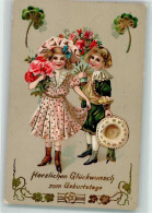 39599821 - Zwei Fesche Maedels Mit Rosenstrauss Hutmode Gluecksklee Jugendstil Lithographie - Birthday