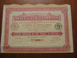 ALGERIE - MINES DE FER DE LARRATH - ACTION ORDINAIRE DE 100 FRS - PARIS 1908 - Other & Unclassified