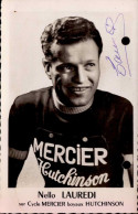 NELLO LAUREDI SUR CYCLE MERCIER BOYAUX HUTCHINSON   . PHOTO PERFOREE  AVEC AUTOGRAPHE  .ARTICLE JOURNAL COLLE AU DOS - Radsport