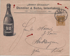 1908, Bitter Dennler Illustration Bouteille D'alcool, Dampfbrennerei Distillerie à Vapeur Fils Tell 2 C, Entier Postal - Stamped Stationery