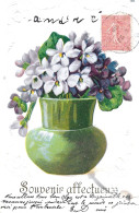 BELLE CARTE POSTALE GAUFFRÉE -SOUVENIR  Affectueux  -Magnifique  Pot Fleuri . - Souvenir De...