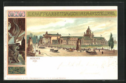 AK München, II. Kraft- U. Arbeitsmaschinen-Ausstellung 1898, Ausstellungshalle, Private Stadtpost  - Briefmarken (Abbildungen)