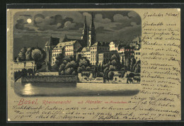 Lithographie Basel, Rheinansicht Mit Münster Im Mondschein  - Basilea