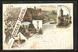 Vorläufer-Lithographie Rudelsburg, 1895, Burgtor, Die Rudelsburg, Denkmal Der 1870-71 Gefallenen Soldaten  - Other & Unclassified