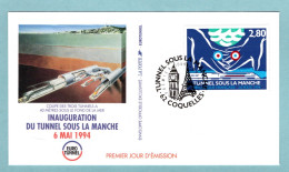 FDC France 1994 - Inauguration Du Tunnel Sous La Manche - Main Britannique Et Française - YT 2881 - 62 Coquelles - 1990-1999