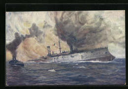 Künstler-AK Untergang Des Italienischen Panzerkreuzers Giuseppe Garibaldi  - Warships