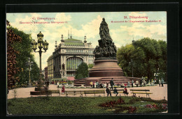 AK St. Pétersbourg, Monument De L`Imperatrice Kathérine II., Strassenbahn  - Tranvía