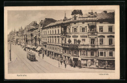 AK Karlsruhe, Kaiserstrasse Aus Der Vogelschau Mit Strassenbahn  - Strassenbahnen