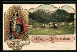 Passepartout-Lithographie Birkenstein, Ortsansicht, Madonna Mit Kind, Goldglitzer  - Sonstige & Ohne Zuordnung