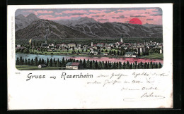 Lithographie Rosenheim, Ortsansicht Mit Roter Sonne  - Rosenheim