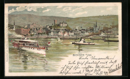 AK Bingen /Rhein, Ortsansicht Mit Rheinpartie Und Dampfschiffen  - Bingen