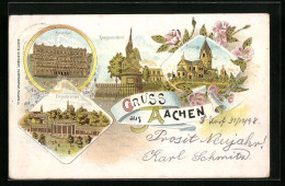 Lithographie Aachen, Kriegerdenkmal, Salvator-Kirche, Kaiserbad, Elisenbrunnen  - Aachen