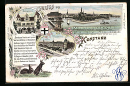 Lithographie Konstanz, Panorama Mit Bodensee, Oberpostdirektion Und Bahnhof, Rathaushof  - Konstanz