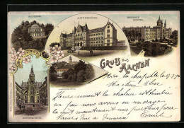 Lithographie Aachen, Justizgebäude, Mariahilf Hospital, Belvedere  - Aachen