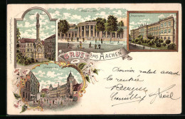 Lithographie Aachen, Elisenbrunnen, Mariensäule, Hauptpost  - Aachen