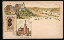 Lithographie Bingen /Rh., Hotel Rochusberg, St. Rochuskapelle, Ortsansicht  - Bingen