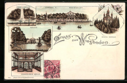 Lithographie Wiesbaden, Kursaal Und Musikpavillon, Kurhaus, Kochbrunnen-Quelle  - Wiesbaden