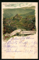 Lithographie Schwarzburg I. Thür., Hübner`s Hotel Und Villen Zum Weissen Hirsch Aus Weiter Ferne  - Sonstige & Ohne Zuordnung