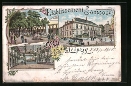 Lithographie Leipzig, Etablissement Sanssouci, Garten Und Saal  - Leipzig