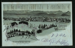 Mondschein-Lithographie Weilheim, Gögerlberg Mit Restaurant, Panorama  - Weilheim