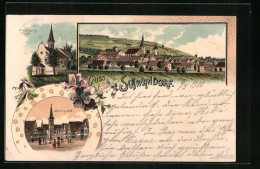 Lithographie Schwandorf, Teilansicht, Marktplatz, Kreuzberg-Kirche  - Schwandorf