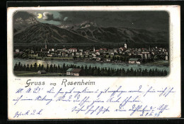 Mondschein-AK Rosenheim, Panorama Der Stadt Bei Nacht  - Rosenheim