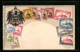 Präge-CPA Illustrateur Deutsch-Südwestafrika, Briefmarken Et Armoiries  - Ehemalige Dt. Kolonien