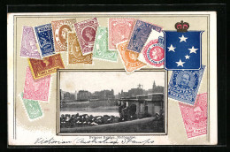 Präge-AK Melbourne, Princes Bridge, Briefmarken Und Wappen  - Melbourne