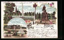 Lithographie Leipzig, Palmengarten, Lutherkirche, Bismarck-Denkmal  - Leipzig