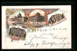 Lithographie Leipzig, Reichsgericht, Kgl. Amtsgericht, Concerthaus, Grassi-Museum  - Leipzig