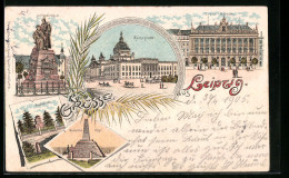 Lithographie Leipzig, Lutherdenkmal, Reichsgericht, Grassi-Museum, Napoleonstein, Monarchen Hügel  - Leipzig