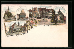 Lithographie Hildesheim, Dom, Knochenhaueramtshaus, Rathaus, Markt, 1000 Jähr. Rosenstock  - Hildesheim
