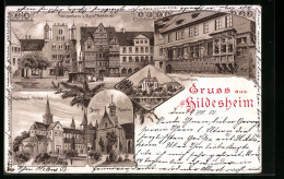Lithographie Hildesheim, Kaiserhaus, Templerhaus U. Haus Wedekind, Annen-Kapelle  - Hildesheim