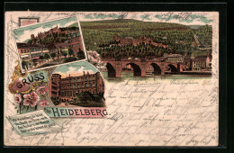 Lithographie Heidelberg, Uferpartie Mit Brücke, Schloss Vom Kornmarkt Aus, Otto Heinrichsbau  - Heidelberg