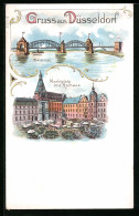 Lithographie Düsseldorf, Rheinbrücke, Marktplatz Mit Rathaus  - Duesseldorf