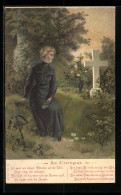 Lithographie Am Elterngrab, Frau Im Schwarzen Kleid Am Grabstein  - Begrafenis