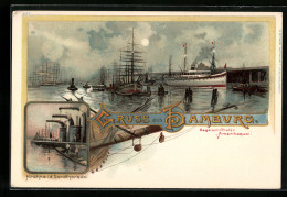 Lithographie Hamburg, Segelschiffhafen Amerikaquai, Krähne I. D. Sandthorquai  - Other & Unclassified