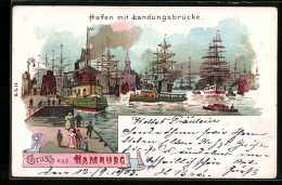 Lithographie Hamburg-Harburg, Hafen Mit Landungsbrücke  - Andere & Zonder Classificatie