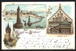 Lithographie Lindau, Hafeneinfahrt, Rathaus Von Norden, Diebsthurm  - Lindau A. Bodensee