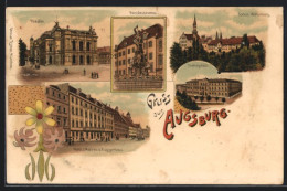 Lithographie Augsburg, Hotel 3 Mohren U. Fuggerhaus, Theater, Herculesbrunnen  - Théâtre