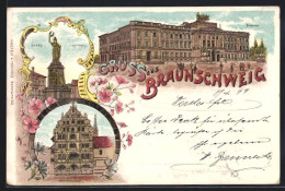 Lithographie Braunschweig, Schloss, Sieges Denkmal, Gewandhaus  - Braunschweig
