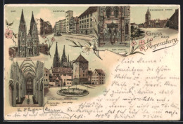 Lithographie Regensburg, Dom, Haidplatz, Moltke-PLatz & Römerthurm  - Regensburg