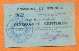 1914-1918 // GRUGIES (Aisne 02) // COMMUNE // Juin 1915 // Bon De Cinquante Centimes - Bonds & Basic Needs