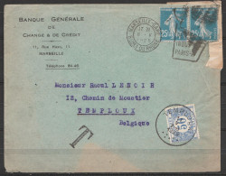 L. Entête Banque Affr. 50c Càd MARSEILLE-GARE/8 V 1925 Pour Et Taxée 50c à TEMPLOUX - Pliée Et Réparée à .Temploux (au D - Storia Postale