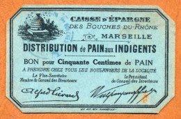 1914-1922 // MARSEILLE (Bouches-du-Rhône 13) // CAISSE D'EPARGNE // Bon Pour Cinquante Centimes De Pain - Bons & Nécessité